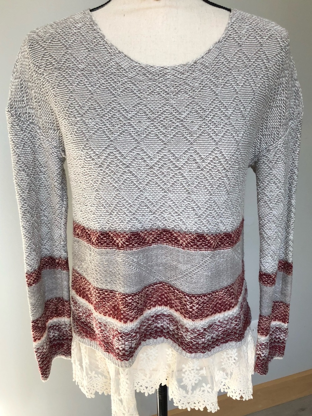 Rewind Grey Burgundy Sweater With Cream Crochet Lace Trim